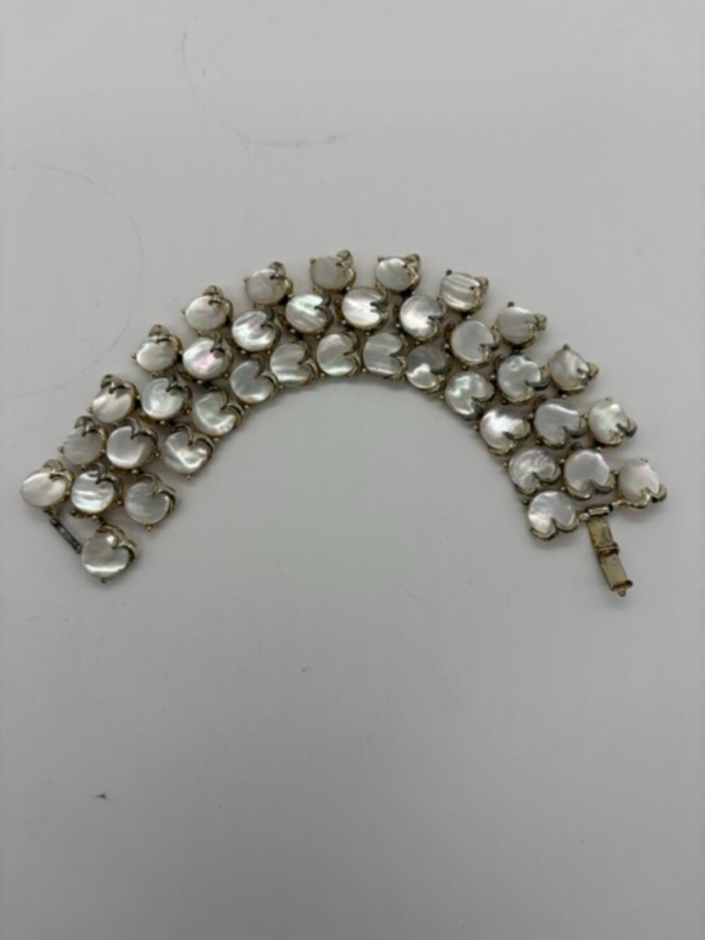 Vintage Mother of Pearl Gold Tone Link Bracelet Wide 3-Row Design